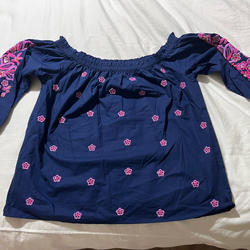 Lilly Pulitzer Navy Blue Off-Shoulder Top with Pink Floral Embroidery